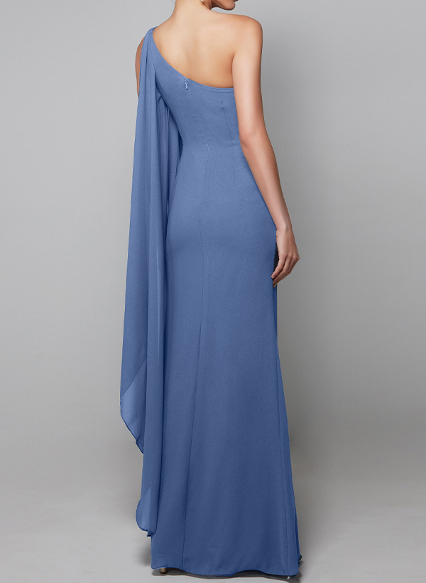 Sheath/Column One-Shoulder Chiffon Evening Dresses With Sweeping Side Drape