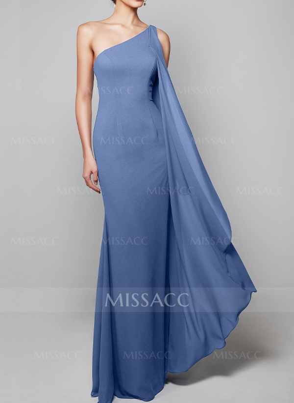 Sheath/Column One-Shoulder Chiffon Evening Dresses With Sweeping Side Drape