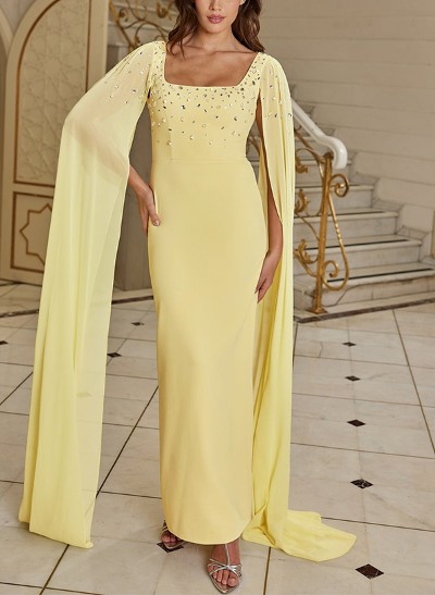 Sheath/Column Square Neckline Chiffon Evening Dresses With Rhinestone