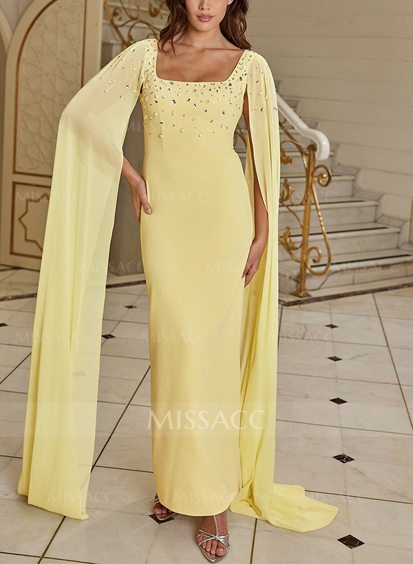 Sheath/Column Square Neckline Chiffon Evening Dresses With Rhinestone