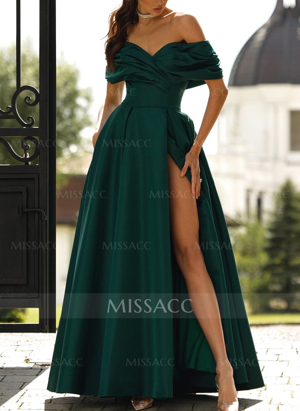 A-Line Off-The-Shoulder Sleeveless Satin Evening Dresses With High Split