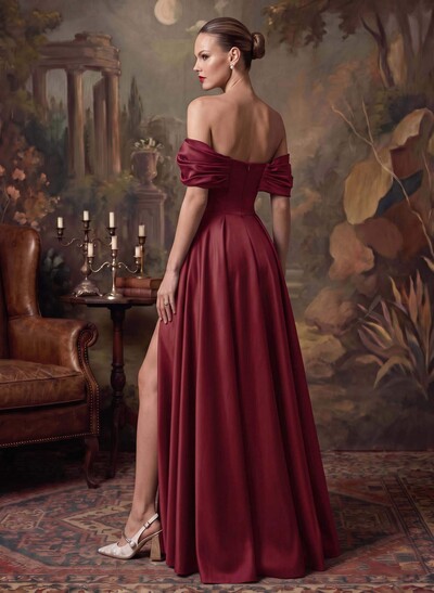 A-Line Off-The-Shoulder Sleeveless Satin Evening Dresses With High Split