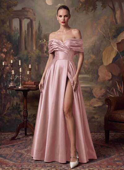 A-Line Off-The-Shoulder Sleeveless Satin Evening Dresses With High Split