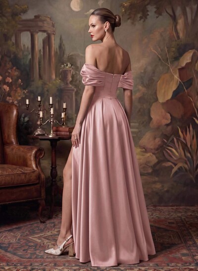 A-Line Off-The-Shoulder Sleeveless Satin Evening Dresses With High Split