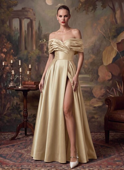 A-Line Off-The-Shoulder Sleeveless Satin Evening Dresses With High Split