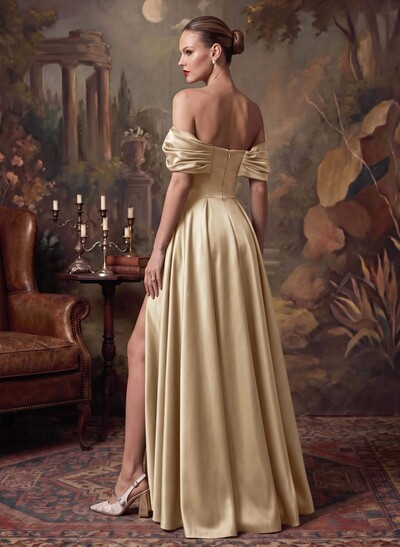 A-Line Off-The-Shoulder Sleeveless Satin Evening Dresses With High Split