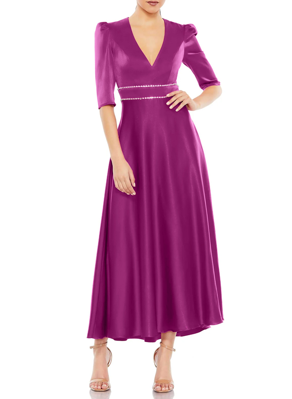 A-Line V-Neck 1/2 Sleeves Ankle-Length Satin Evening Dresses With Rhinestone