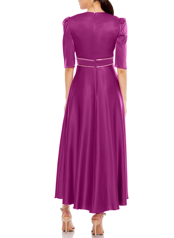 A-Line V-Neck 1/2 Sleeves Ankle-Length Satin Evening Dresses With Rhinestone