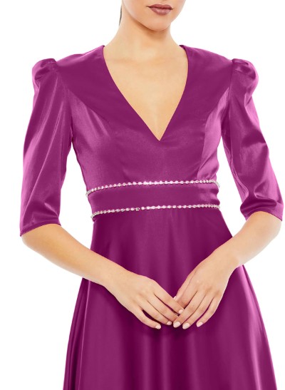 A-Line V-Neck 1/2 Sleeves Ankle-Length Satin Evening Dresses With Rhinestone