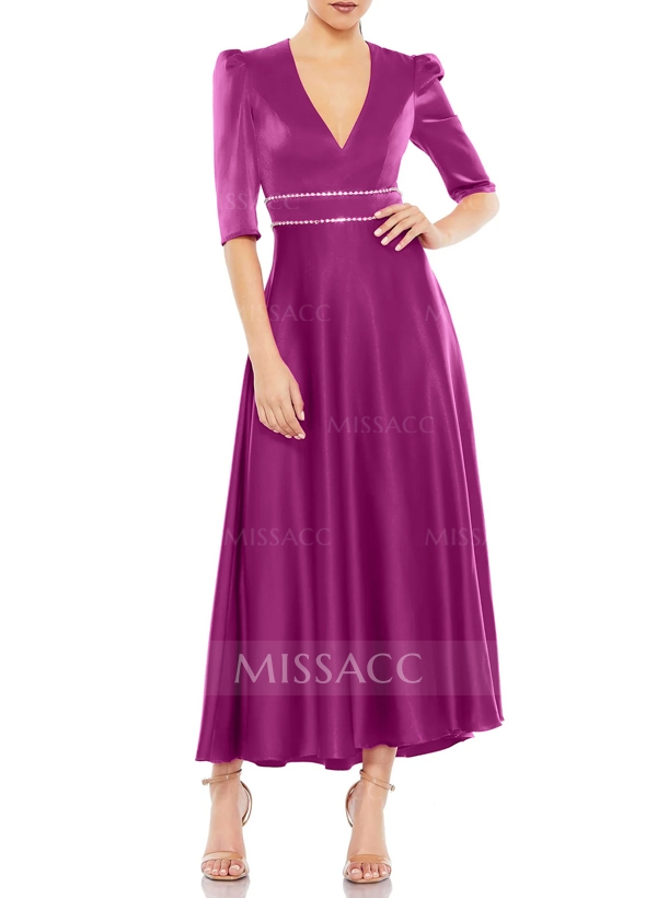 A-Line V-Neck 1/2 Sleeves Ankle-Length Satin Evening Dresses With Rhinestone