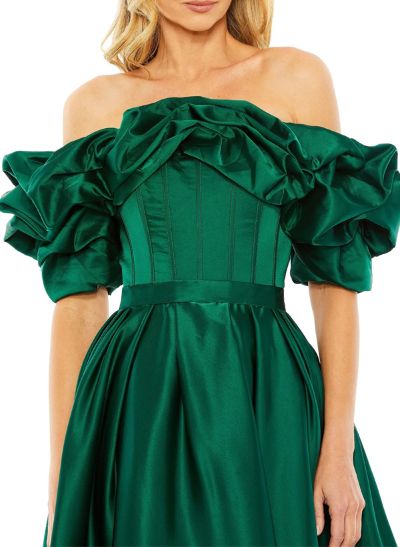 A-Line Off-The-Shoulder Sleeveless Tea-Length Satin Evening Dresses With Ruffle