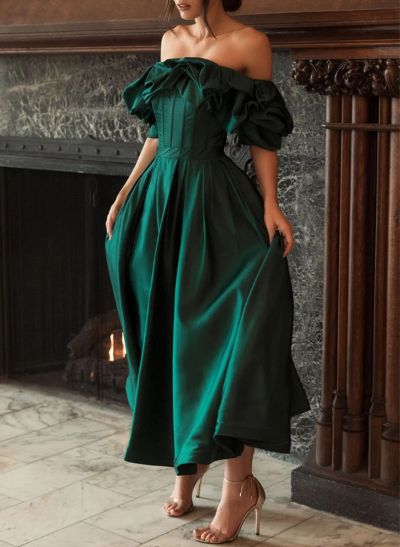 A-Line Off-The-Shoulder Sleeveless Tea-Length Satin Evening Dresses With Ruffle