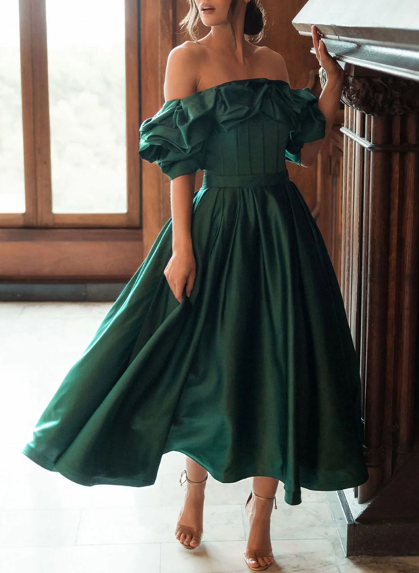 A-Line Off-The-Shoulder Sleeveless Tea-Length Satin Evening Dresses With Ruffle