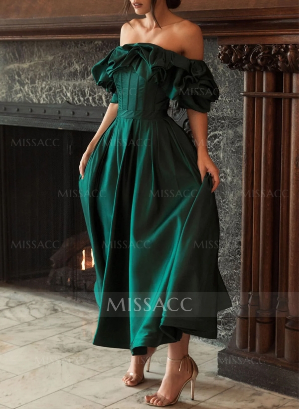 A-Line Off-The-Shoulder Sleeveless Tea-Length Satin Evening Dresses With Ruffle