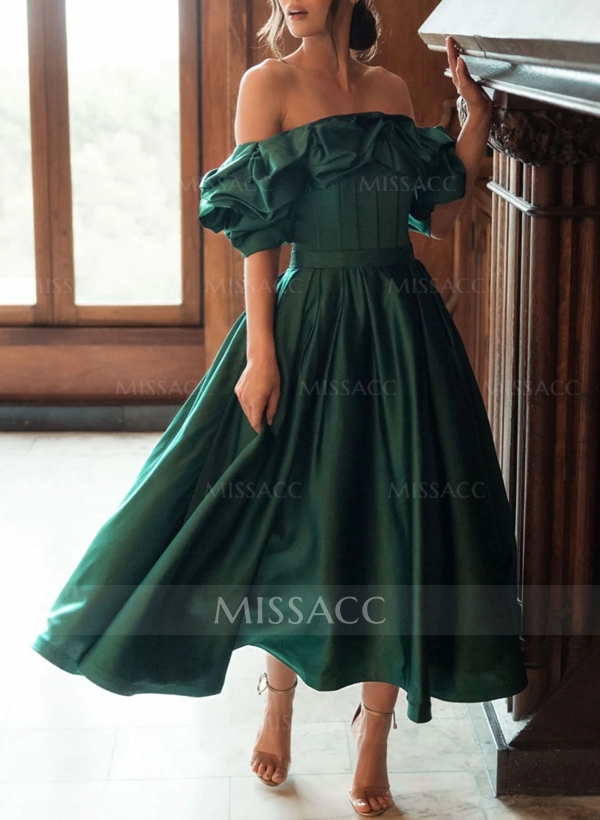 A-Line Off-The-Shoulder Sleeveless Tea-Length Satin Evening Dresses With Ruffle