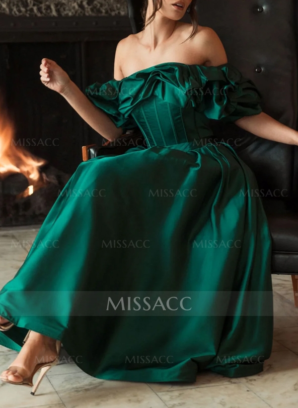 A-Line Off-The-Shoulder Sleeveless Tea-Length Satin Evening Dresses With Ruffle