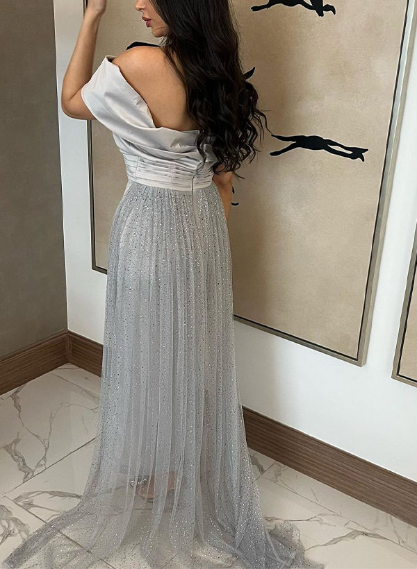 Sheath/Column Off-The-Shoulder Sleeveless Satin Evening Dresses With Sequins