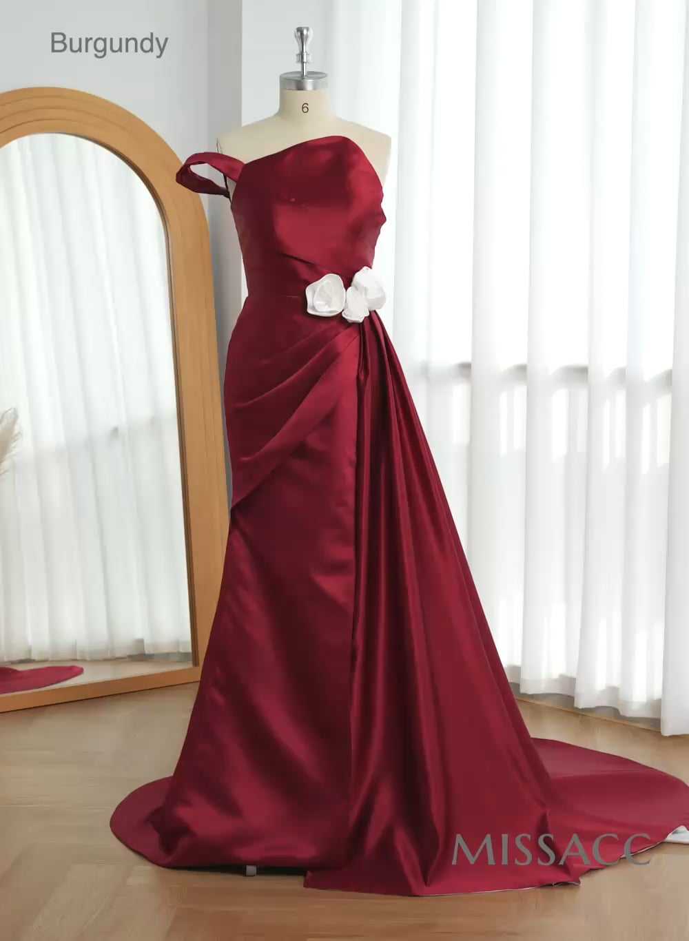 Sheath/Column One-Shoulder Sleeveless Satin Evening Dresses With Flower(s)