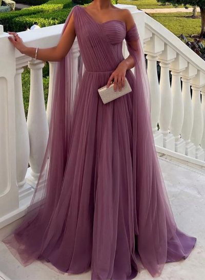 A-Line One-Shoulder Sleeveless Tulle Evening Dresses With Sweeping Side Drape