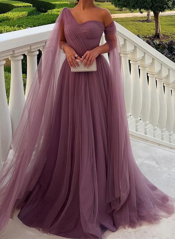 A-Line One-Shoulder Sleeveless Tulle Evening Dresses With Sweeping Side Drape