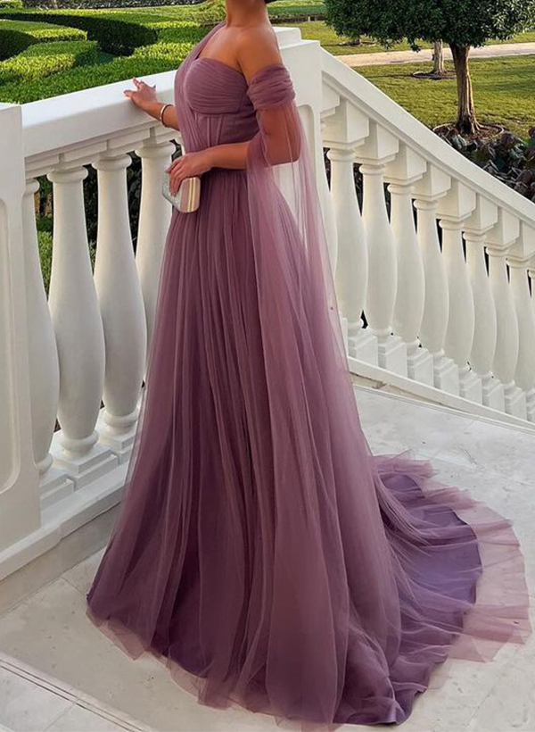 A-Line One-Shoulder Sleeveless Tulle Evening Dresses With Sweeping Side Drape