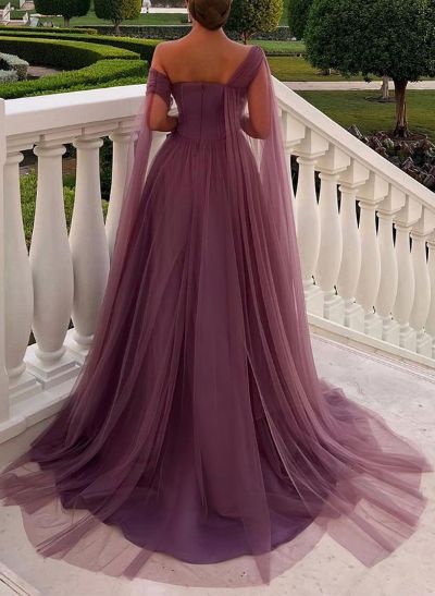 A-Line One-Shoulder Sleeveless Tulle Evening Dresses With Sweeping Side Drape