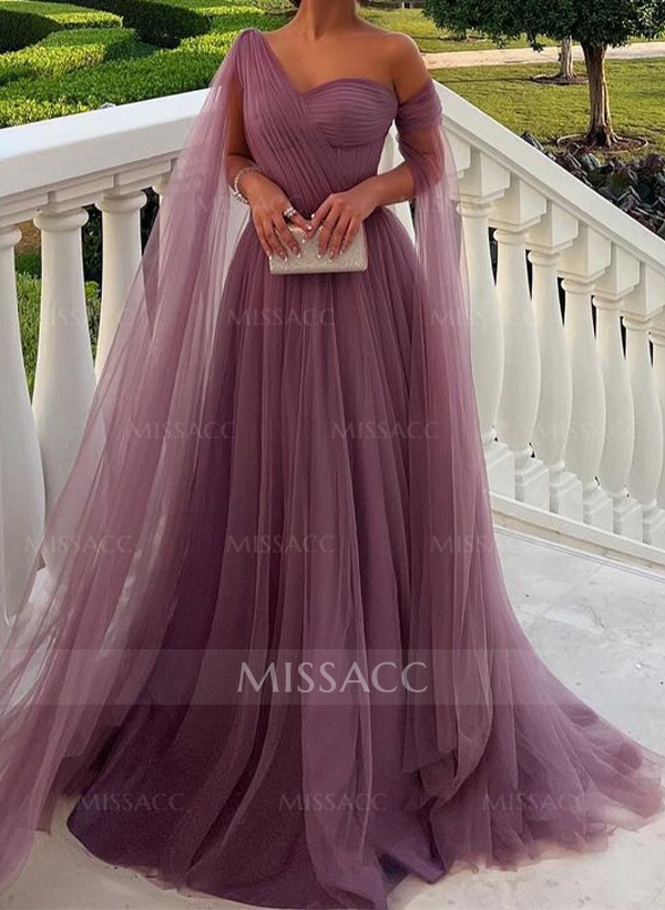 A-Line One-Shoulder Sleeveless Tulle Evening Dresses With Sweeping Side Drape