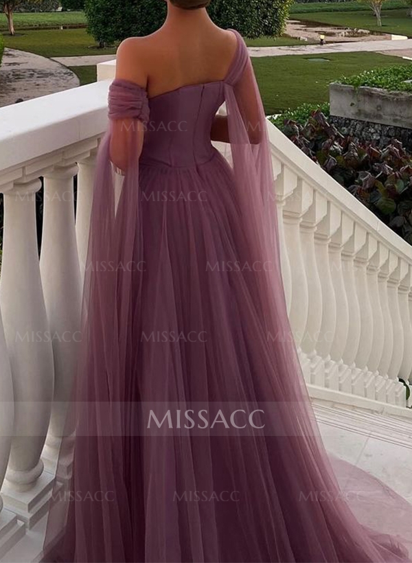 A-Line One-Shoulder Sleeveless Tulle Evening Dresses With Sweeping Side Drape