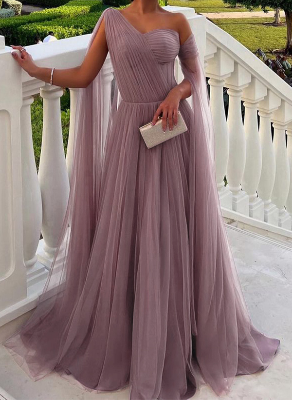 A-Line One-Shoulder Sleeveless Tulle Evening Dresses With Sweeping Side Drape