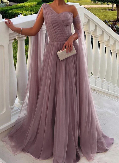 A-Line One-Shoulder Sleeveless Tulle Evening Dresses With Sweeping Side Drape