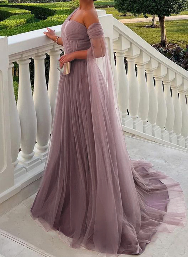 A-Line One-Shoulder Sleeveless Tulle Evening Dresses With Sweeping Side Drape