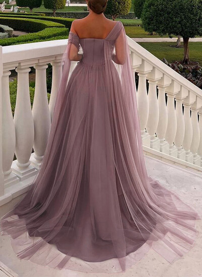 A-Line One-Shoulder Sleeveless Tulle Evening Dresses With Sweeping Side Drape