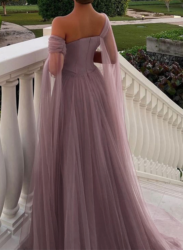 A-Line One-Shoulder Sleeveless Tulle Evening Dresses With Sweeping Side Drape