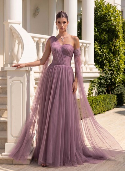 A-Line One-Shoulder Sleeveless Tulle Evening Dresses With Sweeping Side Drape