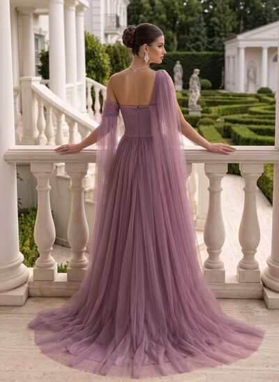 A-Line One-Shoulder Sleeveless Tulle Evening Dresses With Sweeping Side Drape