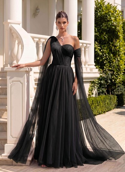 A-Line One-Shoulder Sleeveless Tulle Evening Dresses With Sweeping Side Drape