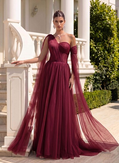 A-Line One-Shoulder Sleeveless Tulle Evening Dresses With Sweeping Side Drape