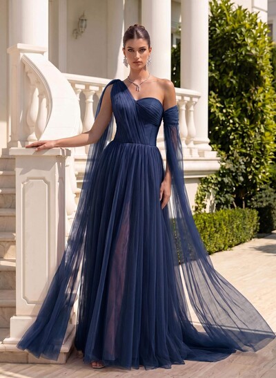 A-Line One-Shoulder Sleeveless Tulle Evening Dresses With Sweeping Side Drape