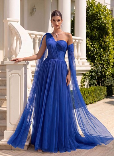 A-Line One-Shoulder Sleeveless Tulle Evening Dresses With Sweeping Side Drape