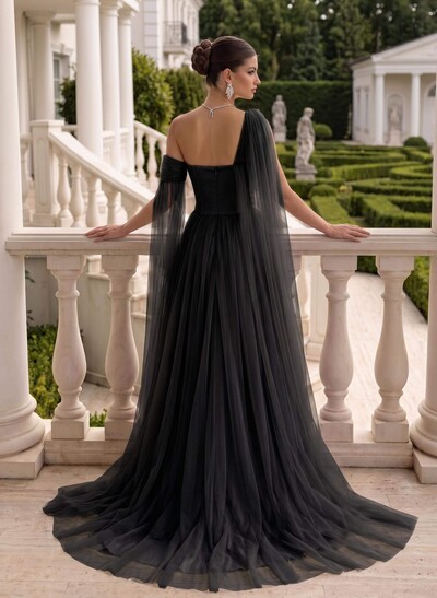 A-Line One-Shoulder Sleeveless Tulle Evening Dresses With Sweeping Side Drape