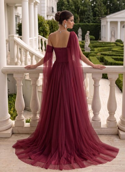 A-Line One-Shoulder Sleeveless Tulle Evening Dresses With Sweeping Side Drape