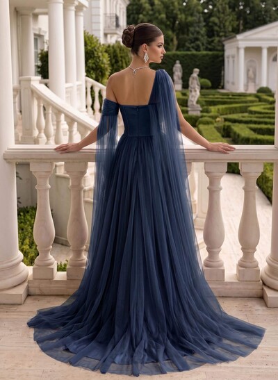 A-Line One-Shoulder Sleeveless Tulle Evening Dresses With Sweeping Side Drape