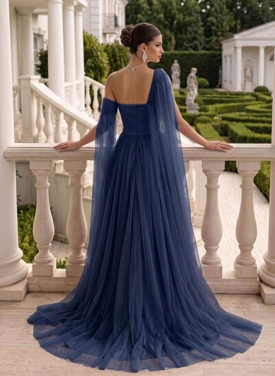 A-Line One-Shoulder Sleeveless Tulle Evening Dresses With Sweeping Side Drape