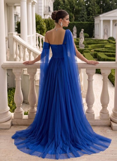 A-Line One-Shoulder Sleeveless Tulle Evening Dresses With Sweeping Side Drape