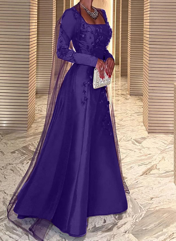 A-Line Square Neckline Long Sleeves Satin Evening Dresses With Flower(s)