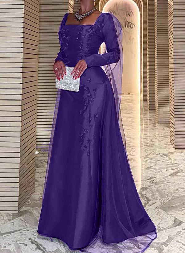 A-Line Square Neckline Long Sleeves Satin Evening Dresses With Flower(s)