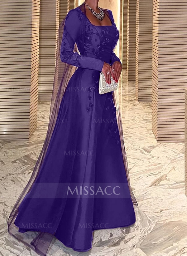 A-Line Square Neckline Long Sleeves Satin Evening Dresses With Flower(s)