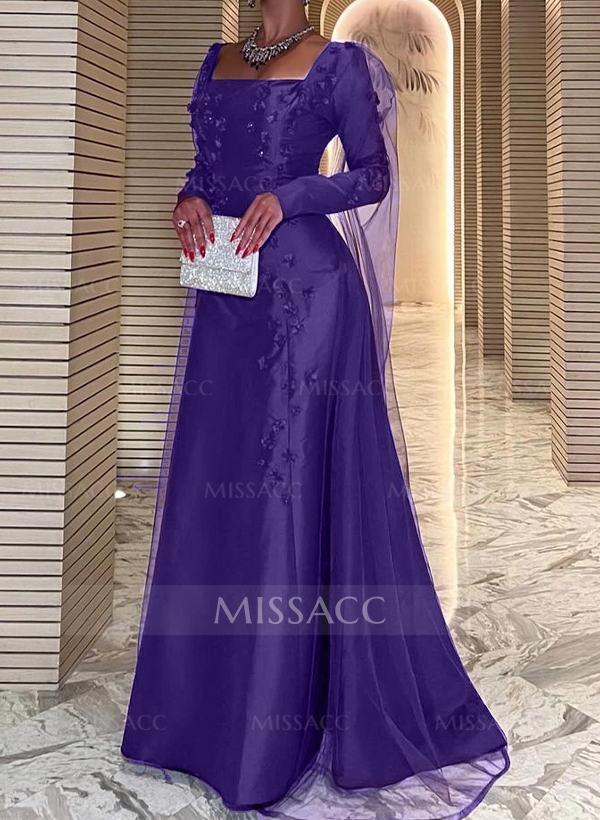 A-Line Square Neckline Long Sleeves Satin Evening Dresses With Flower(s)