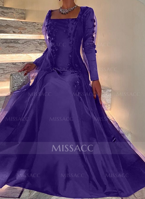 A-Line Square Neckline Long Sleeves Satin Evening Dresses With Flower(s)