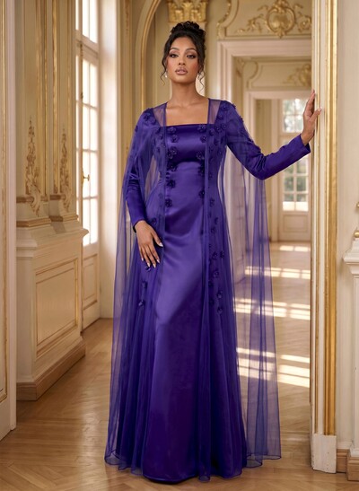 A-Line Square Neckline Long Sleeves Satin Evening Dresses With Flower(s)
